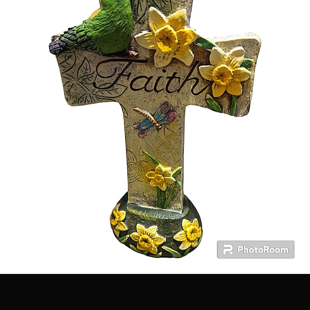 Yellow Cross & Daffodils "Faith" Religious Indoor/Outdoor Acrylic Decorative GF - Picture 2 of 5